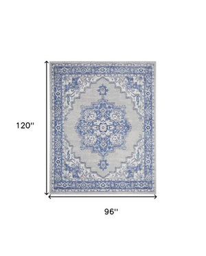 Homeroots 7' Distressed Floral Medallion Area Rug In Ivory, Blue, And Gray - Durable, Non-skid, Stain Resistant 8' X 10' Polyester 551054