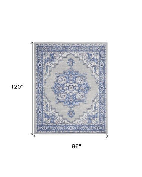 Homeroots 7' Distressed Floral Medallion Area Rug In Ivory, Blue, And Gray - Durable, Non-skid, Stain Resistant 8' X 10' Polyester 551054
