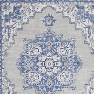 Homeroots 7' Distressed Floral Medallion Area Rug In Ivory, Blue, And Gray - Durable, Non-skid, Stain Resistant 8' X 10' Polyester 551054