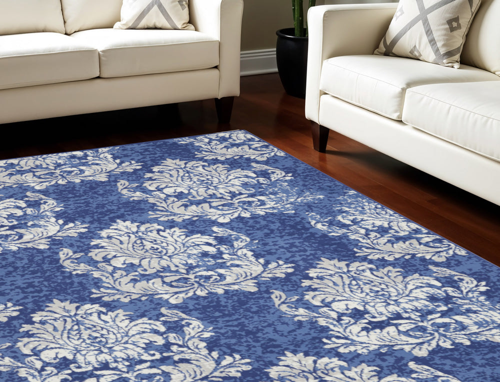 Homeroots 8' X 10' Navy Blue And Ivory Damask Distressed Non Skid Area Rug  Polypropylene 551061