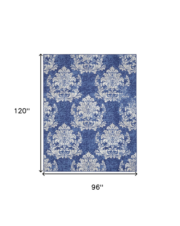 Homeroots 8' X 10' Navy Blue And Ivory Damask Distressed Non Skid Area Rug  Polypropylene 551061