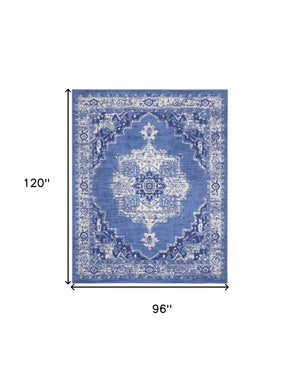 Homeroots 8' X 10' Ivory Navy Blue And Beige Floral Medallion Distressed Non Skid Area Rug  Polypropylene 551063