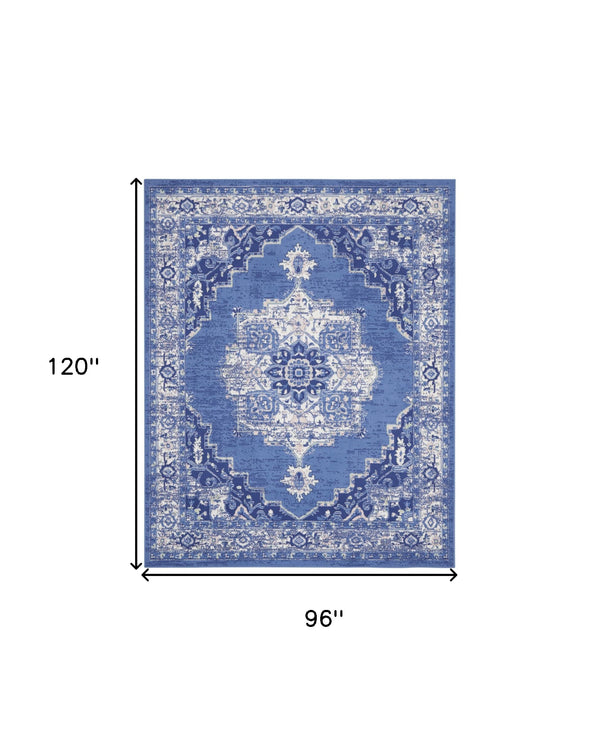 Homeroots 8' X 10' Ivory Navy Blue And Beige Floral Medallion Distressed Non Skid Area Rug  Polypropylene 551063