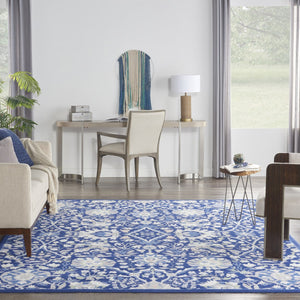 HomeRoots 7' Navy Blue Floral Distressed Area Rug – Elegant Vintage Design, Durable, Non-Skid, Easy Care 8' X 10' 551064
