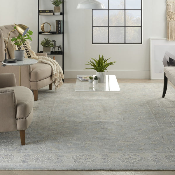 HomeRoots 5' Elegant Beige and Blue Floral Power Loom Area Rug for Sophisticated Living Room Decor 8' X 10' 551075