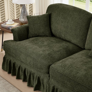 English Elm Elegant Mid Century 3-Seater Sofa With Flared Arms & Removable Skirts – Versatile Green Chenille Comfort W3041S00266