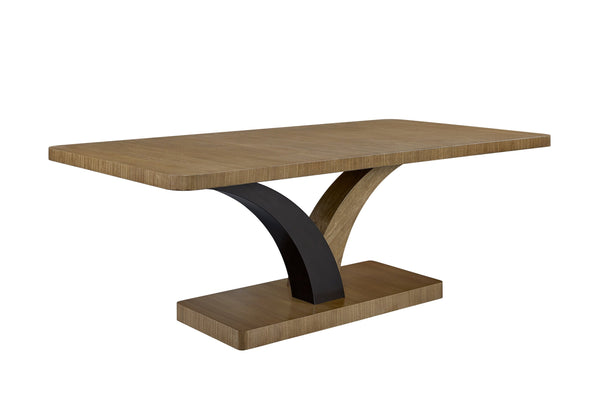 English Elm Pedestal Eucalyptus Rectangular Dining Table in Tan Finish with Sculptural Dual-Arc Base, Solid Wood Veneer, Stable Platform B2699S00103