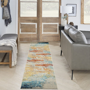 HomeRoots 14' Colorful Abstract Blue & Orange Non-Skid Runner Rug – Durable, Easy Care, Stylish for Homes! 551100