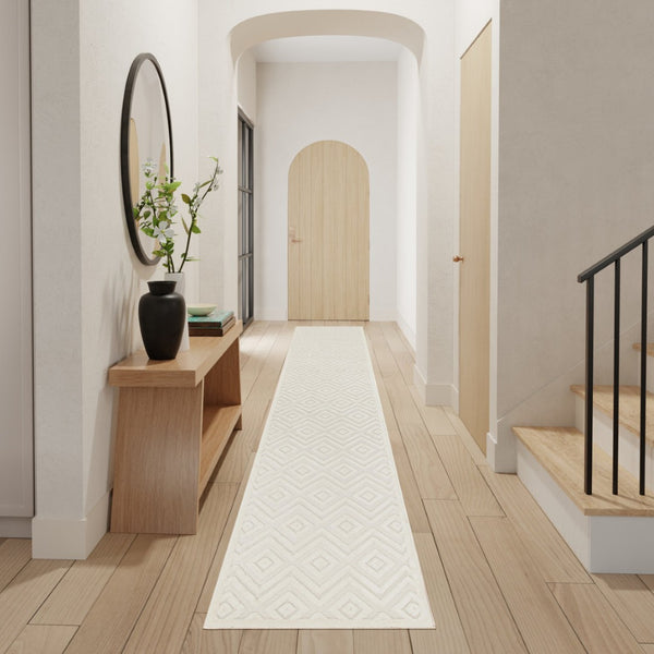 HomeRoots 20' Ivory and White Geometric Runner Rug - Stylish Indoor/Outdoor Décor for High-Traffic Areas 551101