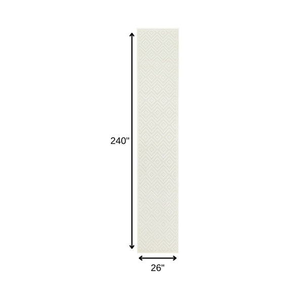 HomeRoots 20' Ivory and White Geometric Runner Rug - Stylish Indoor/Outdoor Décor for High-Traffic Areas 551101