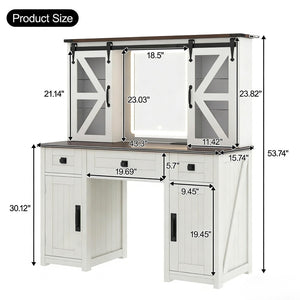 English Elm 43.3" Rustic Farmhouse Vanity Desk with Led Mirror Barn Door Stool Charging Station N704P328548A