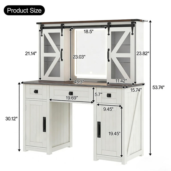 English Elm 43.3" Rustic Farmhouse Vanity Desk with Led Mirror Barn Door Stool Charging Station N704P328548A