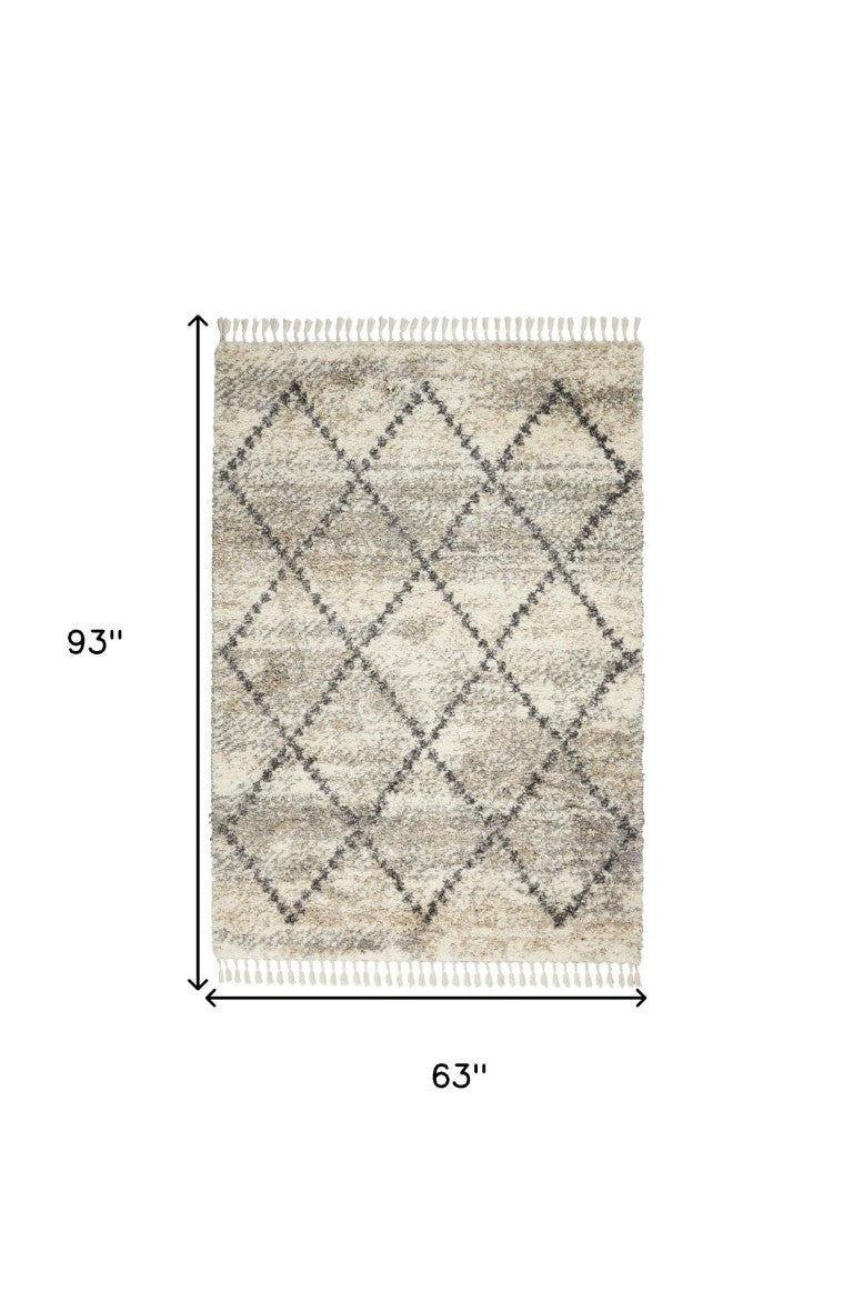 5 Foot X 8 Ivory Gray Geometric Shag Rug Plush Polypropylene Non Slip Living Room