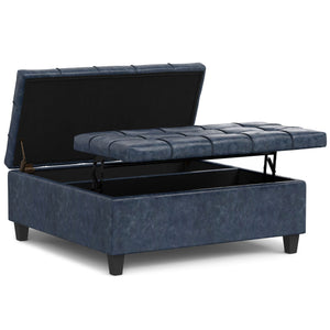 English Elm Harrison Large Square Storage Ottoman Coffee Table in Denim Blue Vegan Leather with Tufting & Lift Top B136P254708