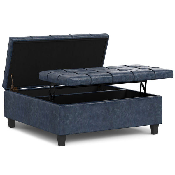 English Elm Harrison Large Square Storage Ottoman Coffee Table in Denim Blue Vegan Leather with Tufting & Lift Top B136P254708