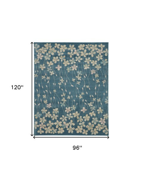 Homeroots 8' Turquoise And Cream Floral Area Rug - Durable, Stain-resistant Design For Stylish Comfort And Appeal 8' X 10' Polypropylene 551139