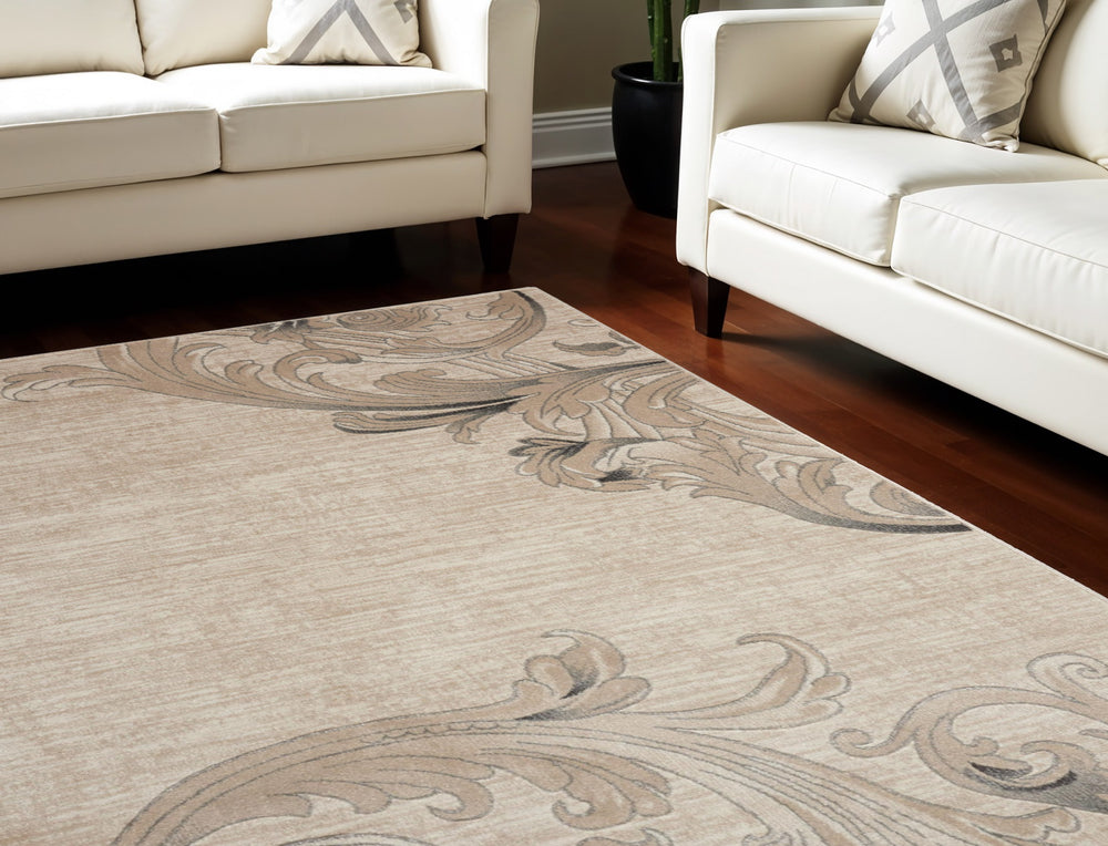 Homeroots 8' X 11' Tan Black And Ivory Damask Non Skid Area Rug  Polyester 551141