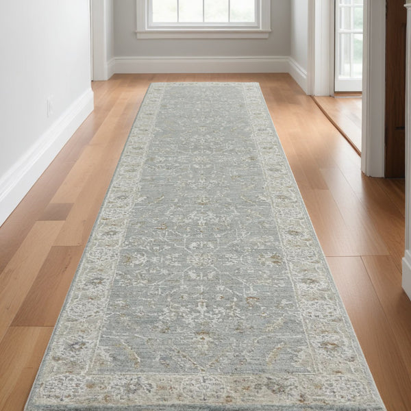 Homeroots 10' Runner Ivory And Blue Floral Power Loom Runner Rug  Polypropylene,Polyester 551146