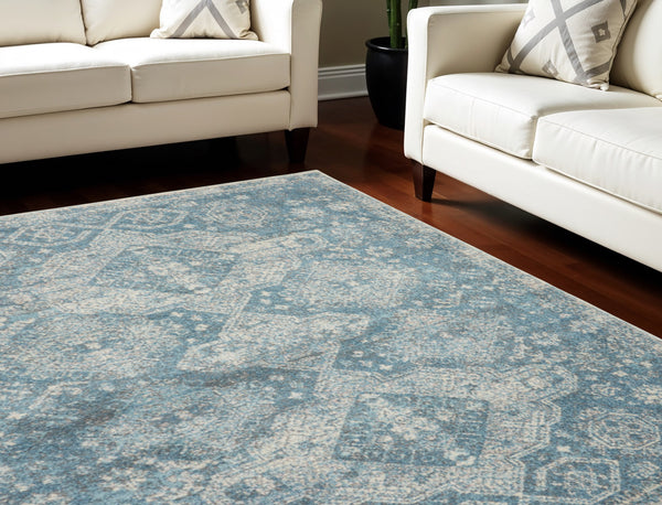 Homeroots 5' Ivory And Light Blue Medallion Distressed Area Rug - Durable, Stain Resistant, Stylish Design 8' X 10' Polypropylene 551148