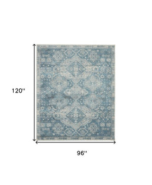 Homeroots 5' Ivory And Light Blue Medallion Distressed Area Rug - Durable, Stain Resistant, Stylish Design 8' X 10' Polypropylene 551148