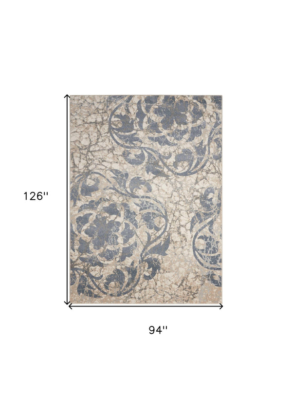 Homeroots 8' X 11' Ivory Blue And Slate Gray Floral Distressed Non Skid Area Rug  Polyester 551150