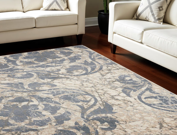 Homeroots 8' X 11' Ivory Blue And Slate Gray Floral Distressed Non Skid Area Rug  Polyester 551150