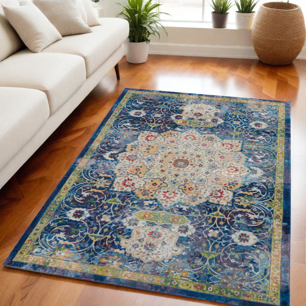 Homeroots 5' X 8' Ivory Blue And Green Floral Medallion Distressed Non Skid Area Rug  Polypropylene,Polyester 551151