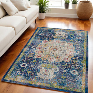 Homeroots 5' X 8' Ivory Blue And Green Floral Medallion Distressed Non Skid Area Rug  Polypropylene,Polyester 551151