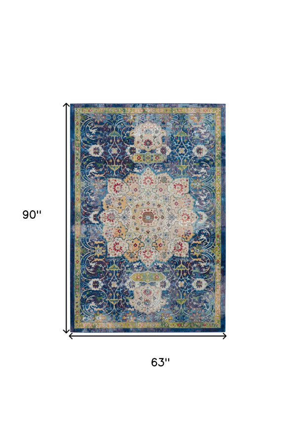 Homeroots 5' X 8' Ivory Blue And Green Floral Medallion Distressed Non Skid Area Rug  Polypropylene,Polyester 551151