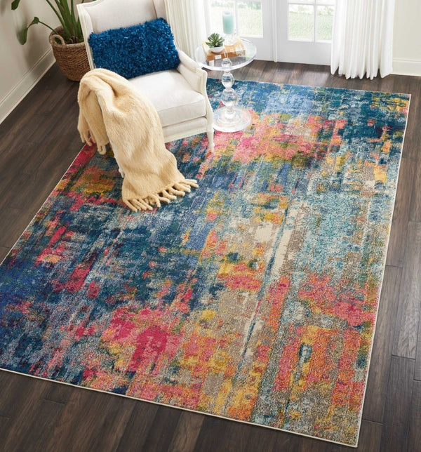 HomeRoots 8' Blue and Yellow Abstract Power Loom Area Rug – Modern Design, Durable, Easy-Care Statement Piece 551154