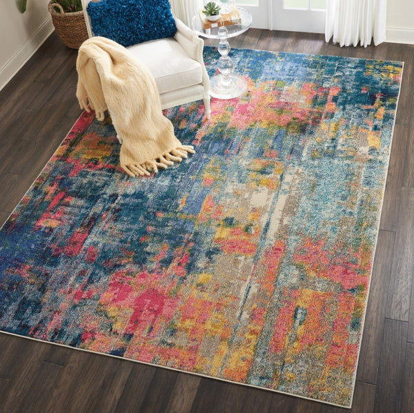HomeRoots 8' Blue and Yellow Abstract Power Loom Area Rug – Modern Design, Durable, Easy-Care Statement Piece 551154