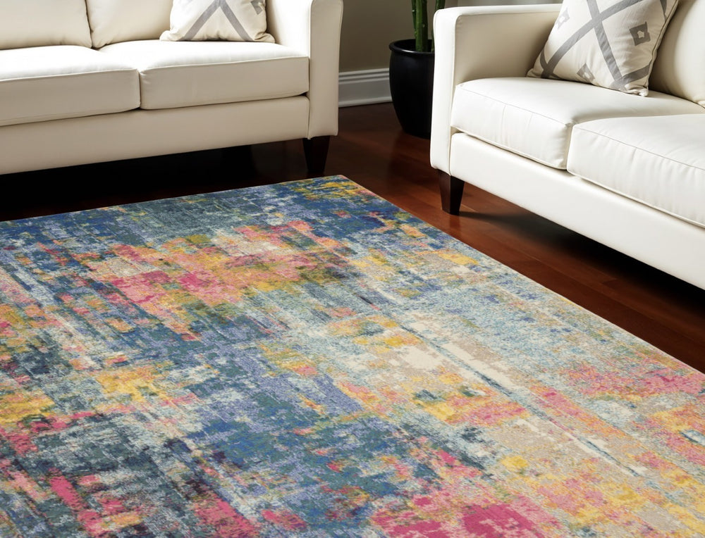 HomeRoots 8' Blue and Yellow Abstract Power Loom Area Rug – Modern Design, Durable, Easy-Care Statement Piece 551154