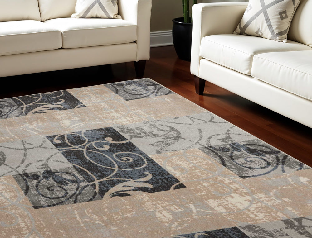 Homeroots 8' X 11' Tan Black And Ivory Floral Vines Non Skid Area Rug  Polyester 551160