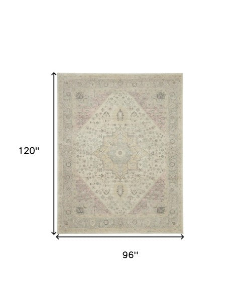 Homeroots 8' X 10' Floral Medallion Distressed Area Rug In Ivory Pink & Gray - Durable, Stain Resistant Elegance  Polypropylene 551162
