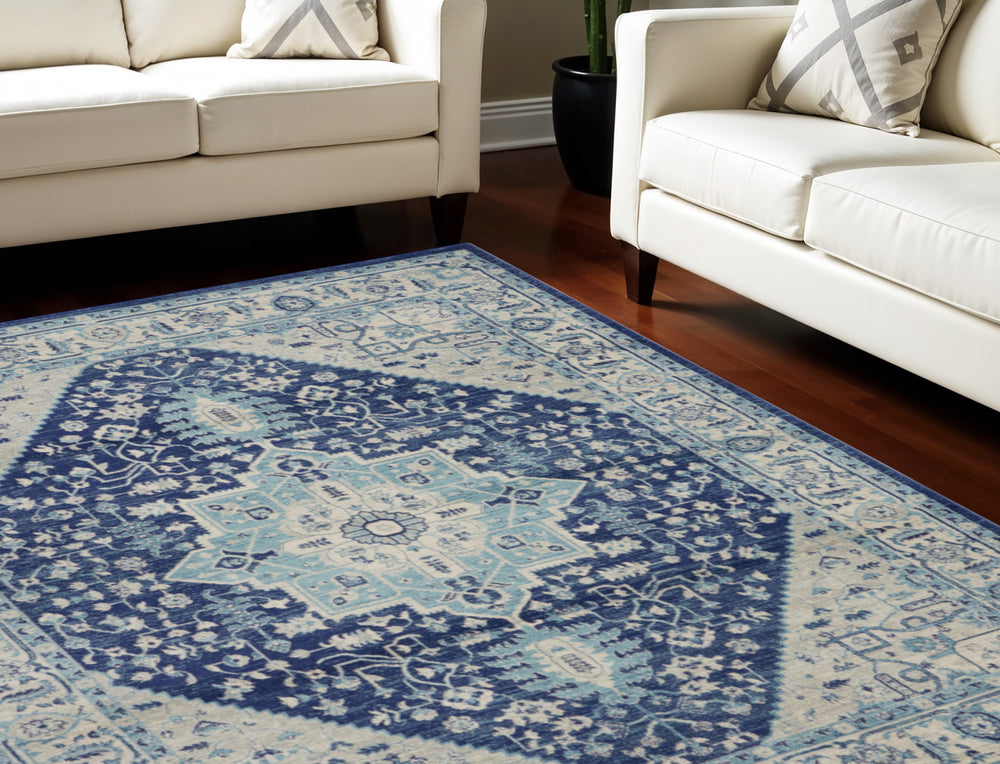 Homeroots 8' X 10' Stain-resistant Ivory & Navy Floral Medallion Distressed Area Rug For Home Decor Style  Polypropylene 551163