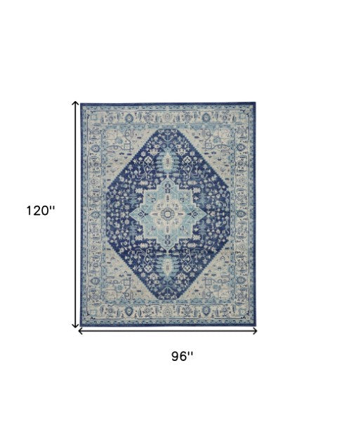 Homeroots 8' X 10' Stain-resistant Ivory & Navy Floral Medallion Distressed Area Rug For Home Decor Style  Polypropylene 551163