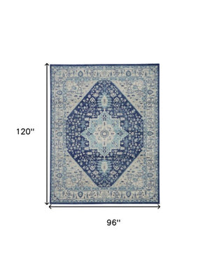 Homeroots 8' X 10' Stain-resistant Ivory & Navy Floral Medallion Distressed Area Rug For Home Decor Style  Polypropylene 551163
