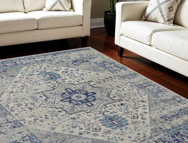 Homeroots 8' X 10' Elegant Ivory & Light Blue Floral Medallion Distressed Area Rug - Stain Resistant & Durable  Polypropylene 551164