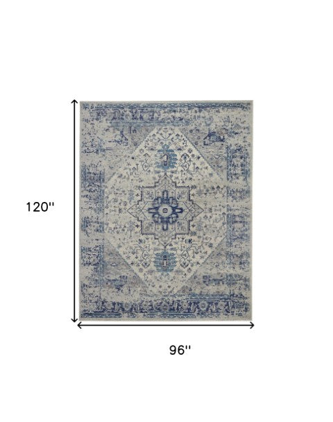 Homeroots 8' X 10' Elegant Ivory & Light Blue Floral Medallion Distressed Area Rug - Stain Resistant & Durable  Polypropylene 551164