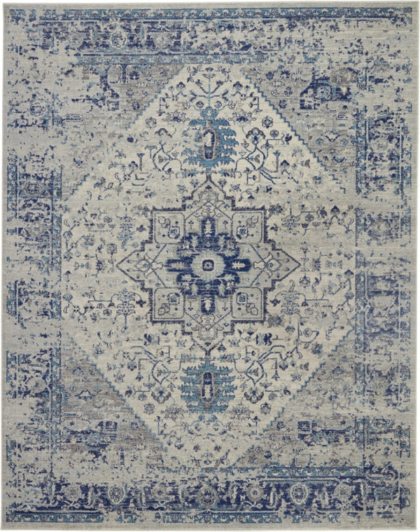 HomeRoots 8' Ivory and Light Blue Floral Medallion Distressed Area Rug - Timeless Elegance for Any Space 8' X 10' 551164