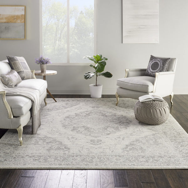 HomeRoots 5' Ivory and Gray Floral Medallion Distressed Area Rug – Elegant, Stain-Resistant Design for Homes 8' X 10' 551165