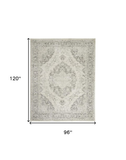 Homeroots 8' X 10' Distressed Floral Medallion Area Rug In Ivory & Gray - Durable, Stain-resistant Elegance  Polypropylene 551165