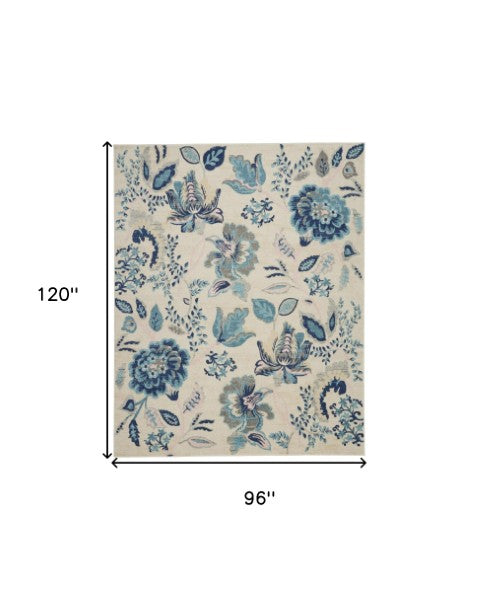 Homeroots 8' X 10' Stain-resistant Ivory Floral Area Rug With Navy & Light Blue Accents For Stylish Homes  Polypropylene 551168