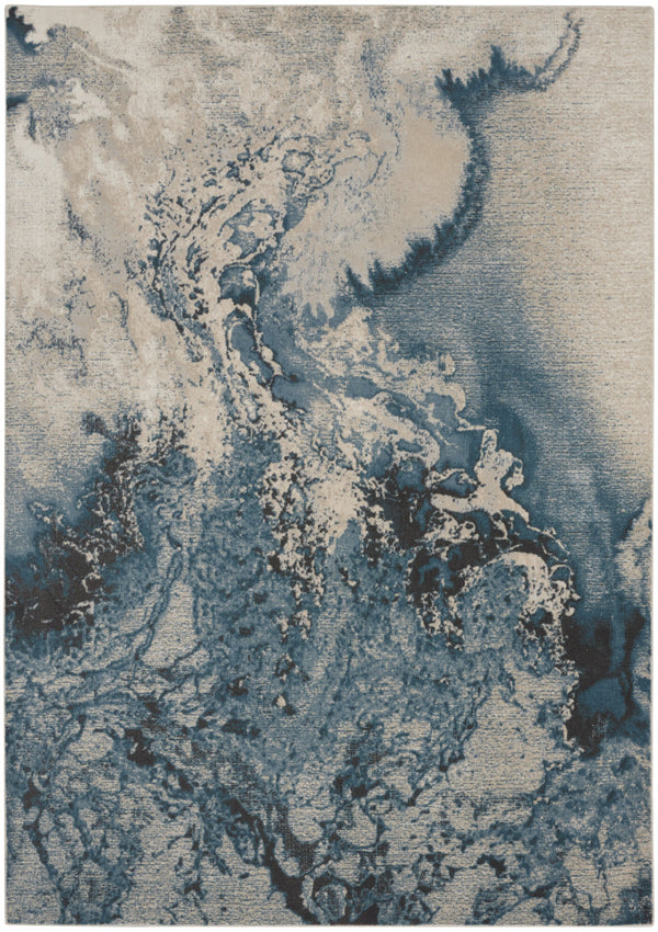 Homeroots 7' X 10' Ivory Teal Blue And Black Abstract Non Skid Area Rug  Polyester 551169