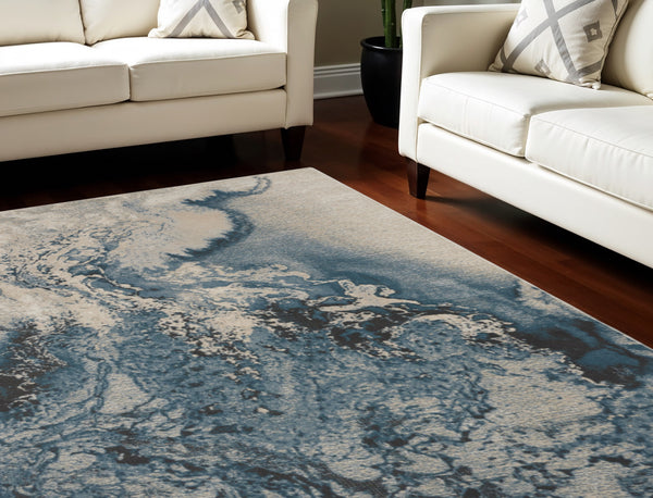 Homeroots 7' X 10' Ivory Teal Blue And Black Abstract Non Skid Area Rug  Polyester 551169