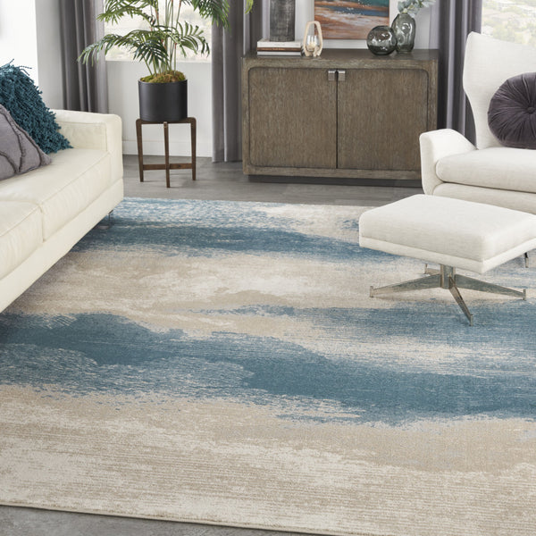 Homeroots 8' X 11' Ivory And Teal Blue Abstract Non Skid Area Rug  Polyester 551171