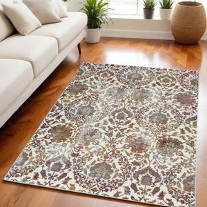 Homeroots 5' X 8' White And Golden Brown Floral Distressed Non Skid Area Rug  Polypropylene,Polyester 551172