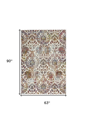 Homeroots 5' X 8' White And Golden Brown Floral Distressed Non Skid Area Rug  Polypropylene,Polyester 551172