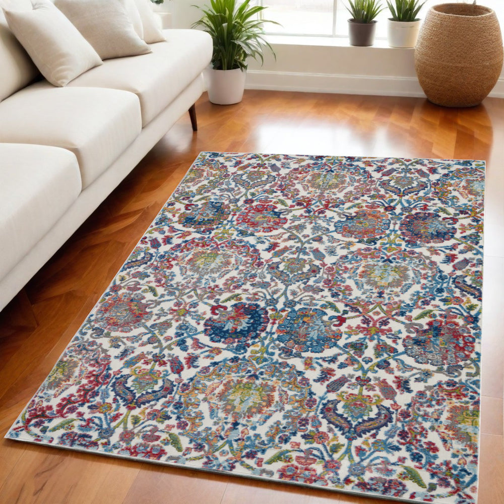 Homeroots 5' X 8' Ivory Blue And Red Floral Distressed Non Skid Area Rug  Polypropylene,Polyester 551173