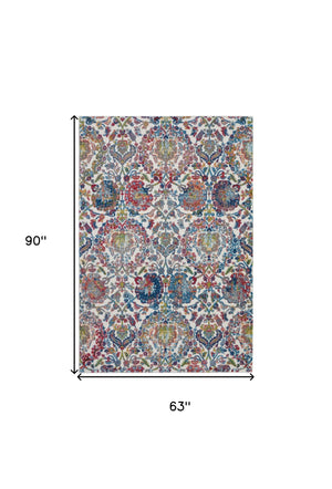 Homeroots 5' X 8' Ivory Blue And Red Floral Distressed Non Skid Area Rug  Polypropylene,Polyester 551173